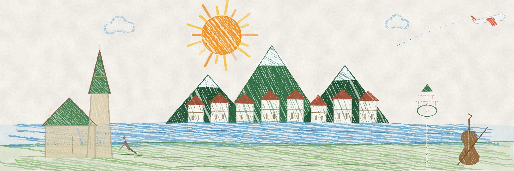 Illustrated Austria scene with a green-spired village church, snow-capped alpine peaks above lakeside houses with red roofs, a rower on the water, a maypole and a cello